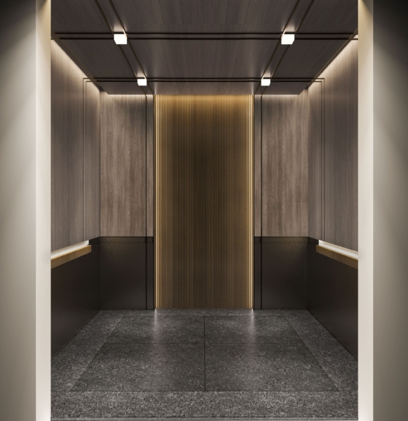 A modern elevator with sleek design and soft interior lighting._brandestate.in