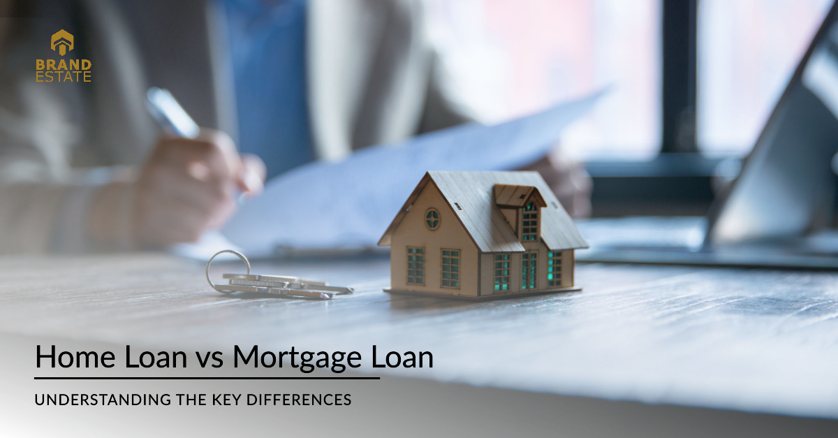House key unlocking a door with text overlays "Home Loan" and "Mortgage Loan."_brandestate.in