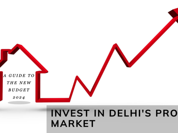 A red line graph forming a house shape with an upward arrow, representing the new budget's impact on Delhi's property market, accompanied by the text "A Guide to the New Budget 2024" and the Brandestate logo.