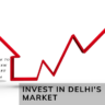 A red line graph forming a house shape with an upward arrow, representing the new budget's impact on Delhi's property market, accompanied by the text "A Guide to the New Budget 2024" and the Brandestate logo.